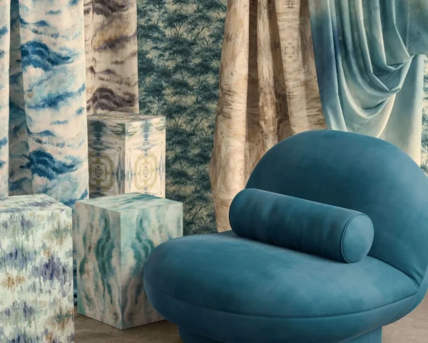 Earthscape Print Fabric - Denim by blue contemporary curtain with armchair