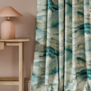 blue contemporary curtain with side table and lamps