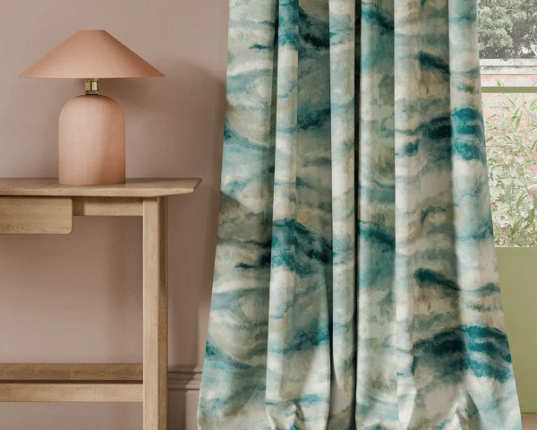 Earthscape Print Fabric - Denim by blue contemporary curtain with side table and lamps