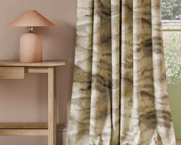 Earthscape Print Fabric - Antique by neutral contemporary curtain with side table and lamps