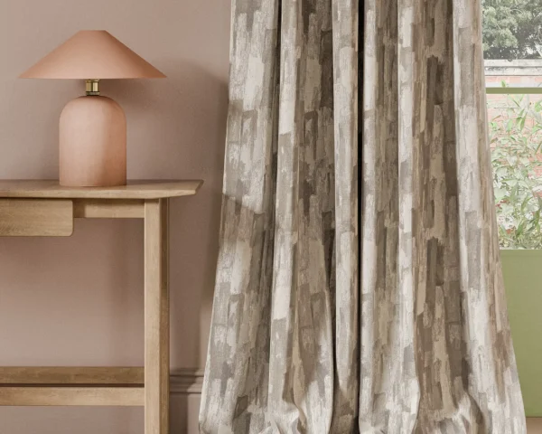 Cityscape Print Fabric - Linen by neutral contemporary curtain with side table and lamps