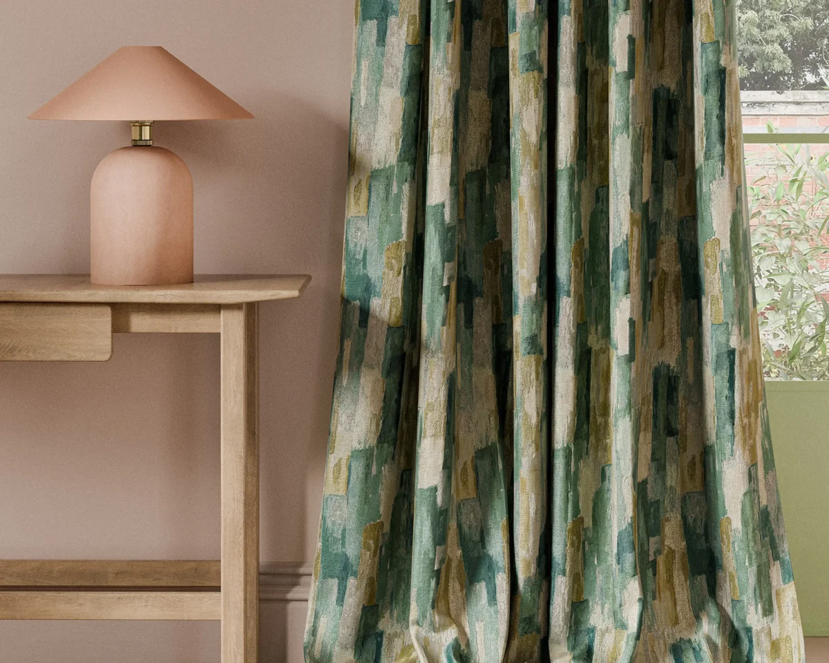 Cityscape Print Fabric - Glade by blue contemporary curtain with side table and lamps