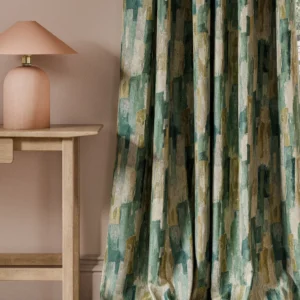 blue contemporary curtain with side table and lamps