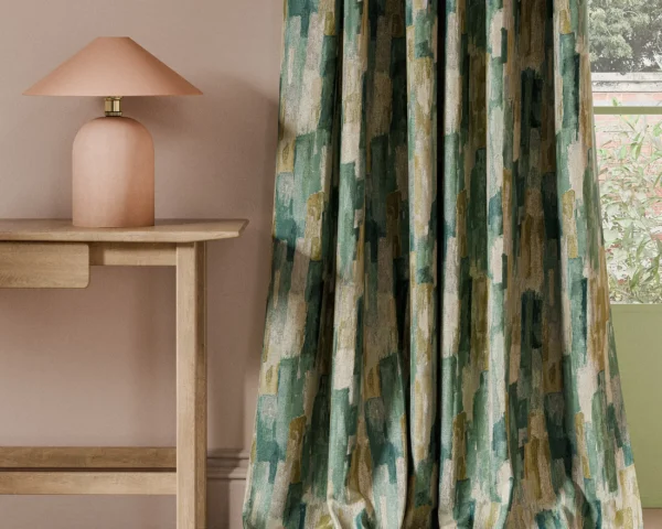 blue contemporary curtain with side table and lamps