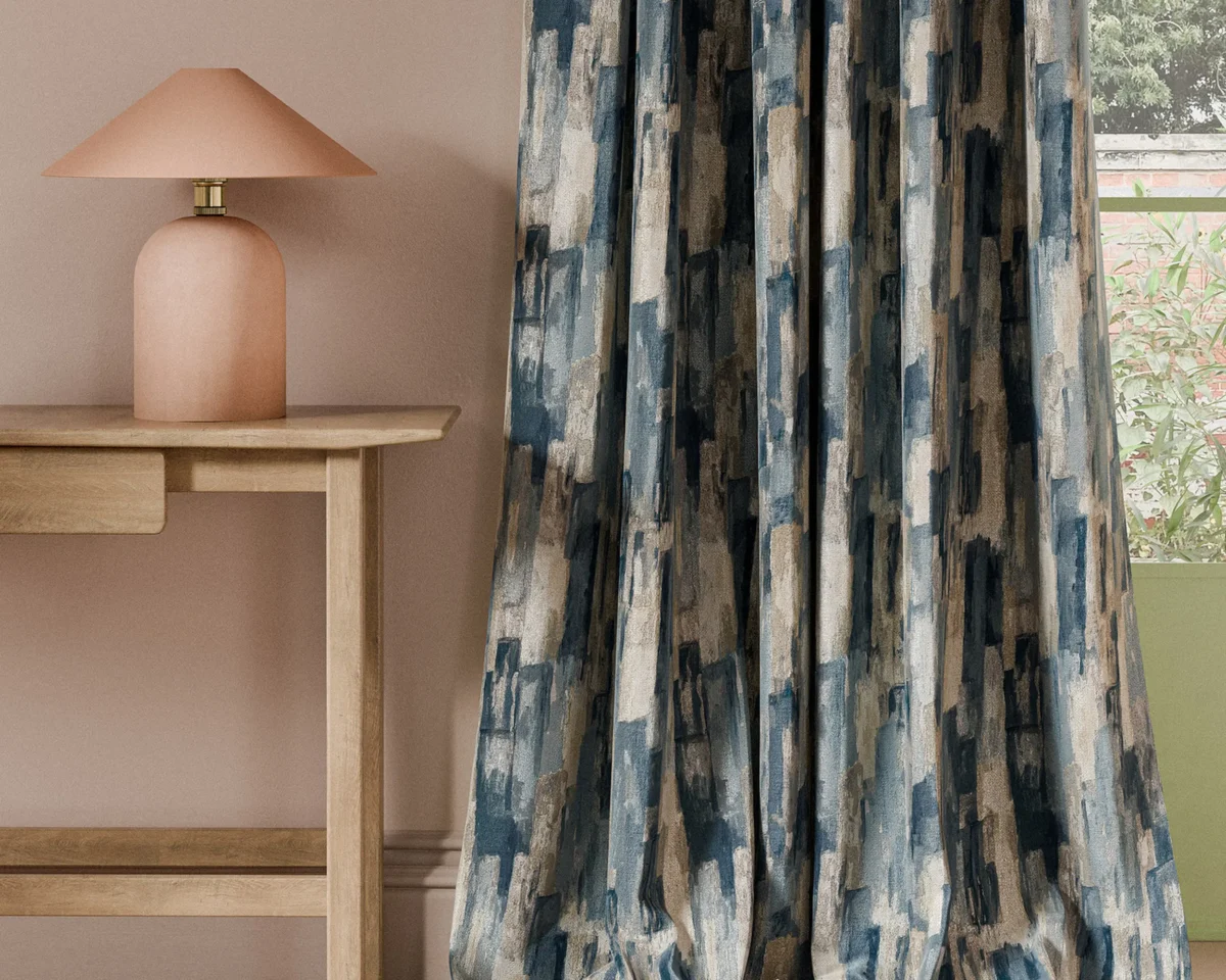 Cityscape Print Fabric - Denim by blue contemporary curtain with side table and lamps
