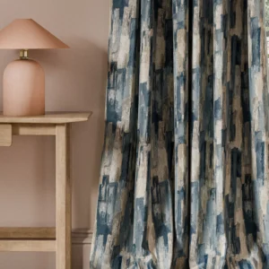 blue contemporary curtain with side table and lamps