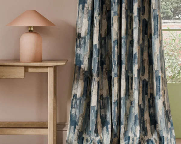 Cityscape Print Fabric - Denim by blue contemporary curtain with side table and lamps