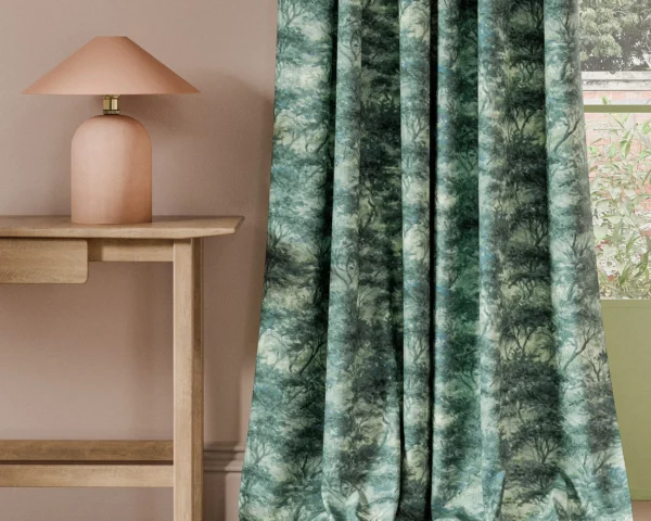 Boschetto Print Fabric - Teal by blue botanical curtain with side table and lamps