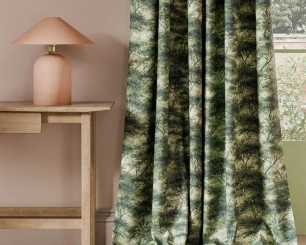 Boschetto Print Fabric - Forest by green botanical curtain with side table and lamps