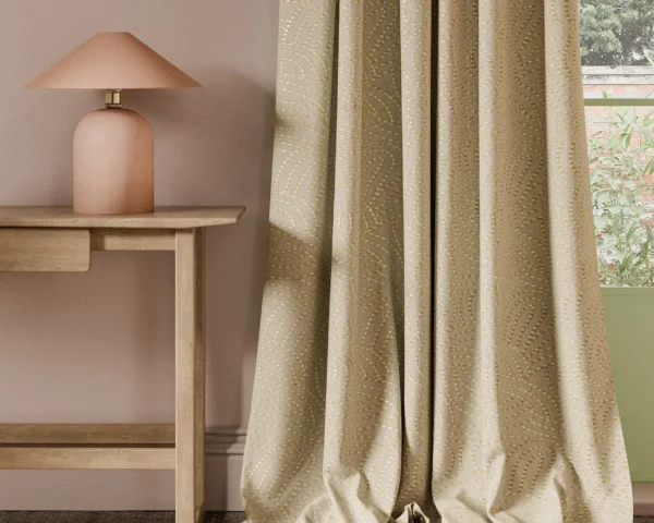 Volu Fabric - Maize by neutral contemporary curtain with side table and lamps