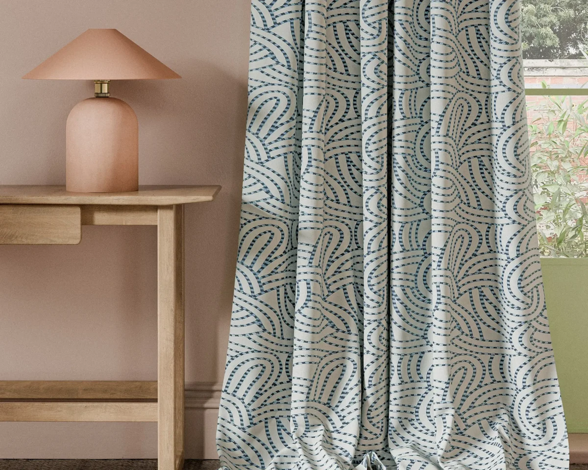 Volu Fabric - Ink by blue contemporary curtain with side table and lamps