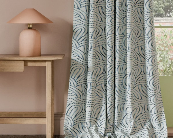 Volu Fabric - Ink by blue contemporary curtain with side table and lamps