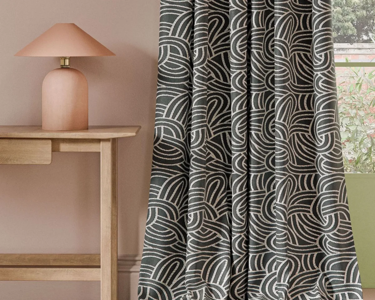 Volu Fabric - Charcoal by black-grey contemporary curtain with side table and lamps