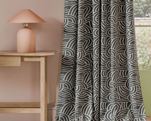 Volu Fabric - Charcoal by black-grey contemporary curtain with side table and lamps