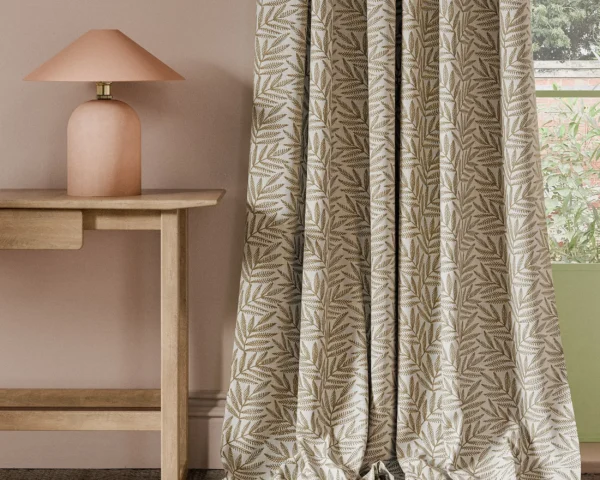 Virgata Fabric - Linen by neutral botanical curtain with side table and lamps