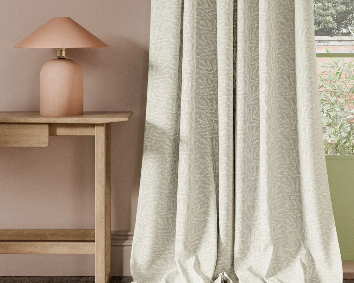 Virgata Fabric - Ivory by neutral botanical curtain with side table and lamps