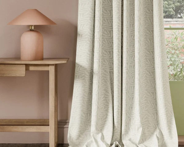 Virgata Fabric - Ivory by neutral botanical curtain with side table and lamps