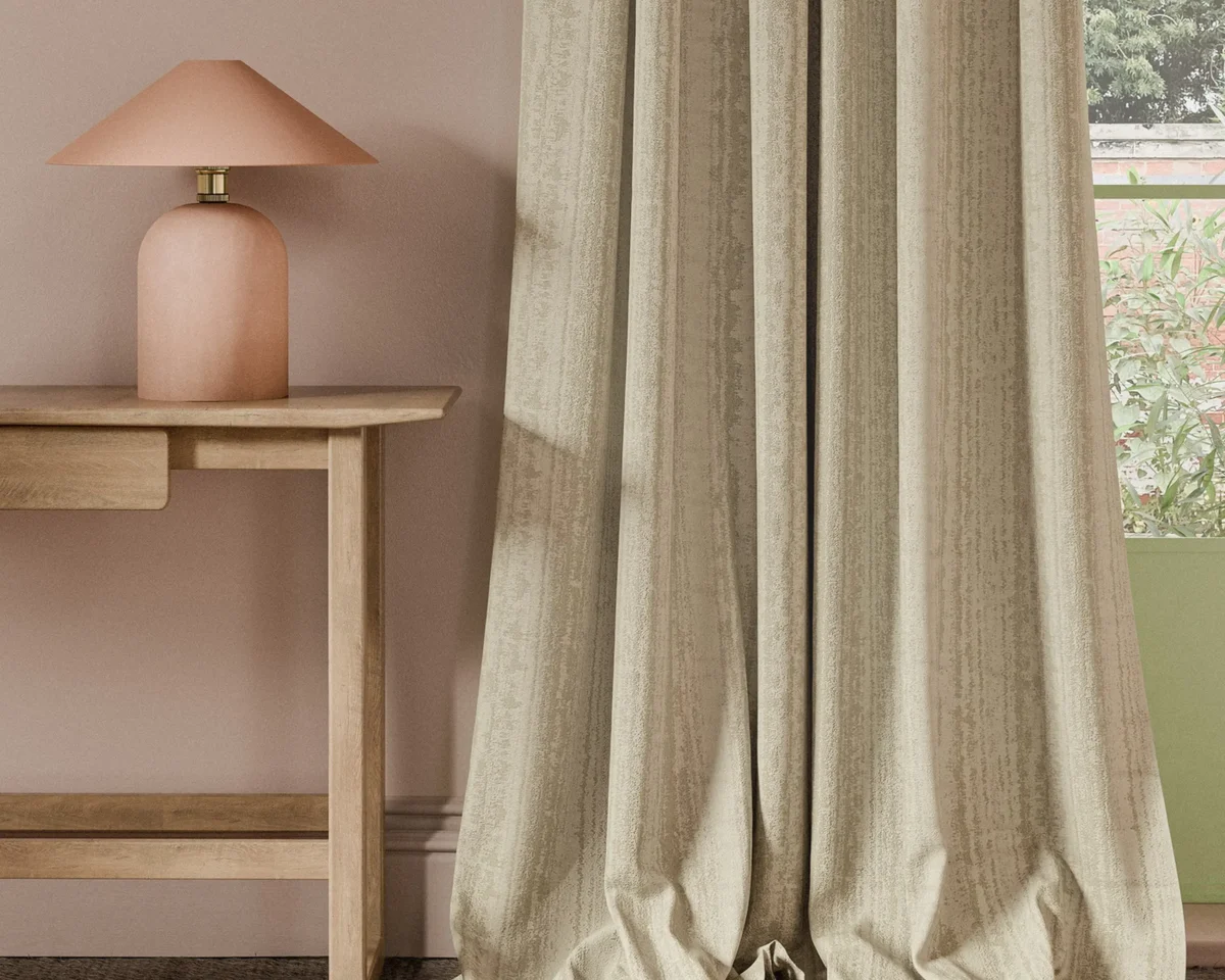 Striatus Fabric - Ivory by neutral striped curtain with side table and lamps