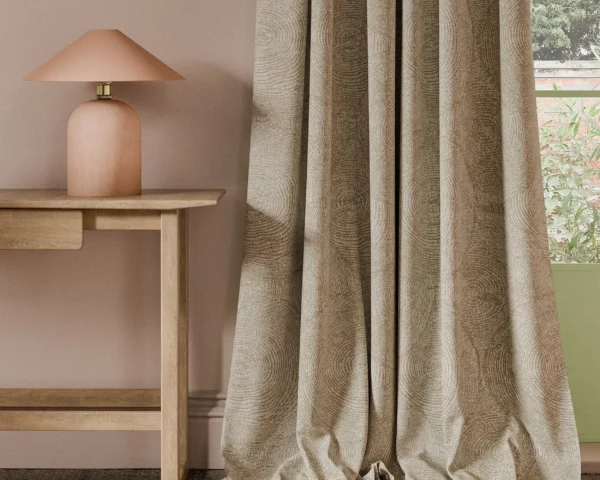 Silvan Weave Fabric - Linen by neutral botanical curtain with side table and lamps