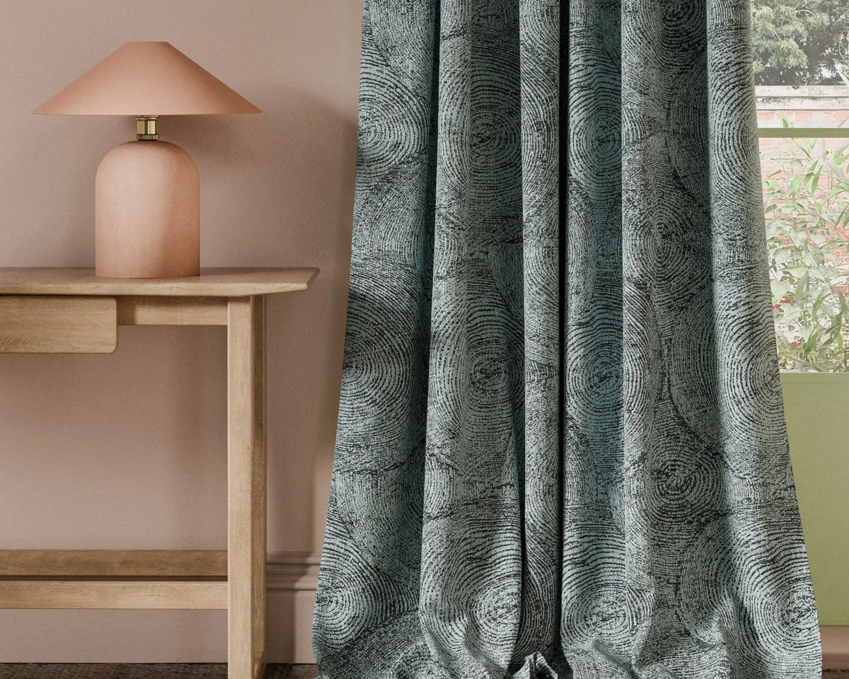Silvan Weave Fabric - Ink by black-grey botanical curtain with side table and lamps