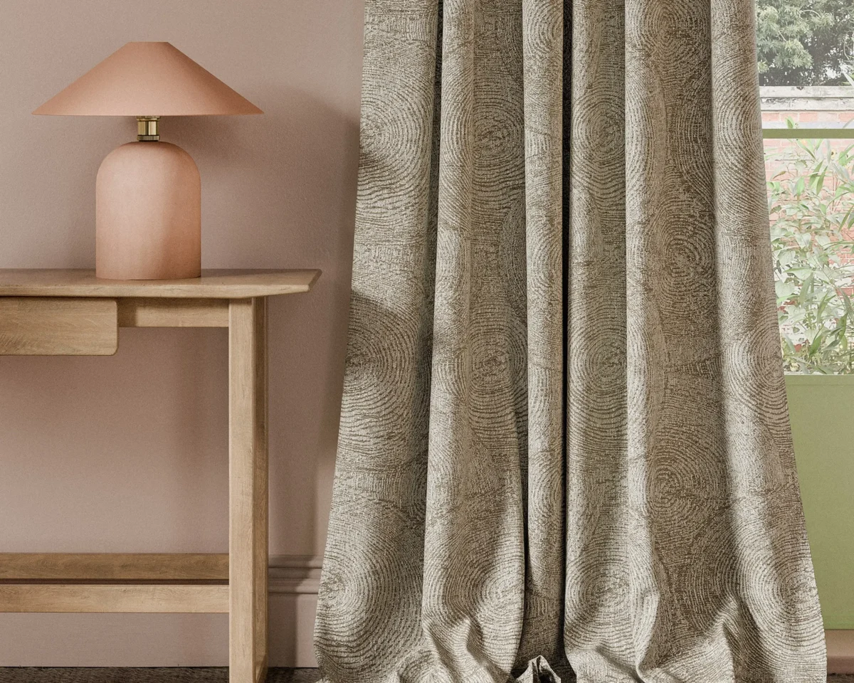Silvan Weave Fabric - Camel by neutral botanical curtain with side table and lamps