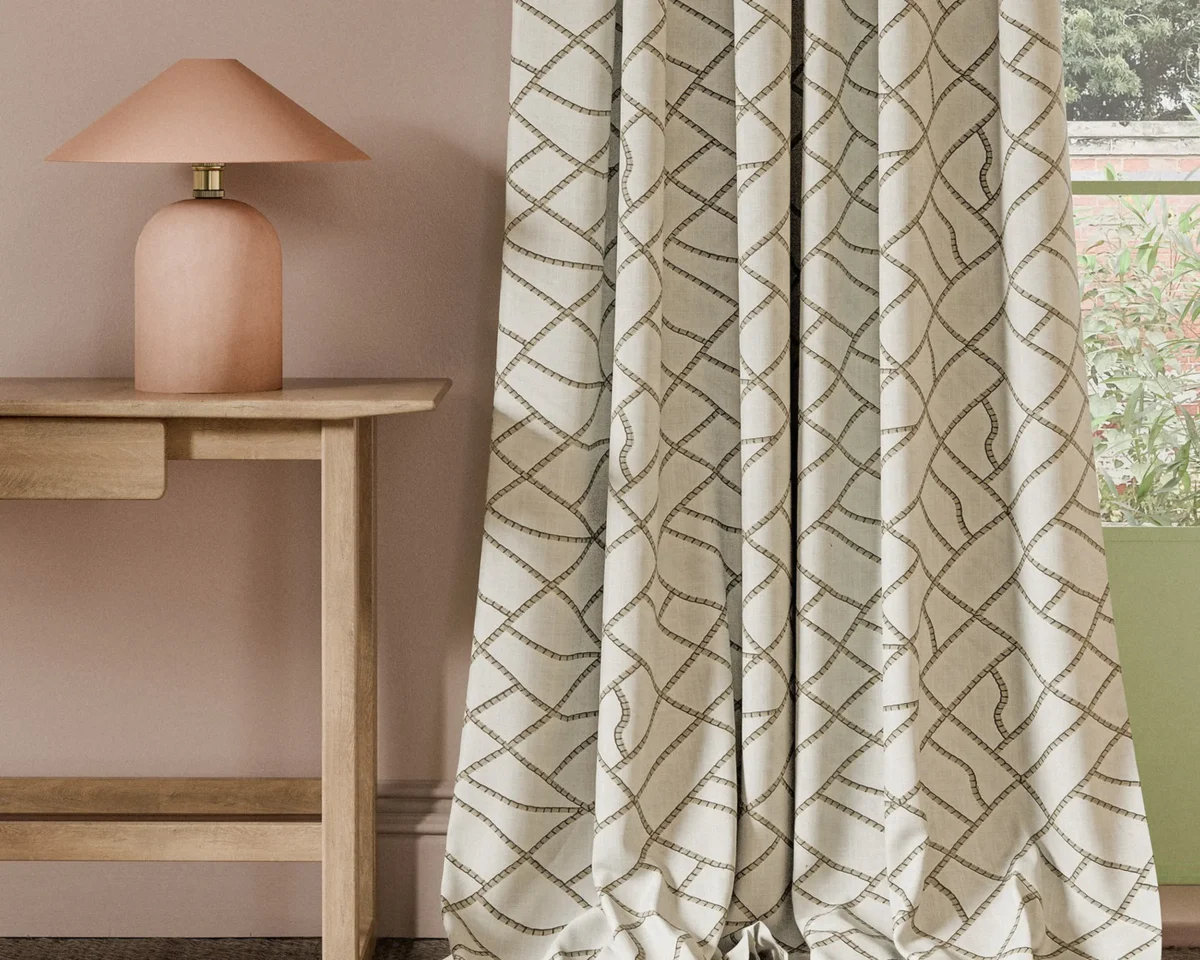 Scipio Fabric - Truffle by neutral contemporary curtain with side table and lamps