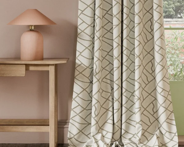 Scipio Fabric - Truffle by neutral contemporary curtain with side table and lamps
