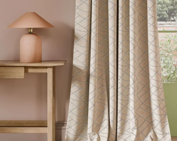Scipio Fabric - Linen by neutral contemporary curtain with side table and lamps