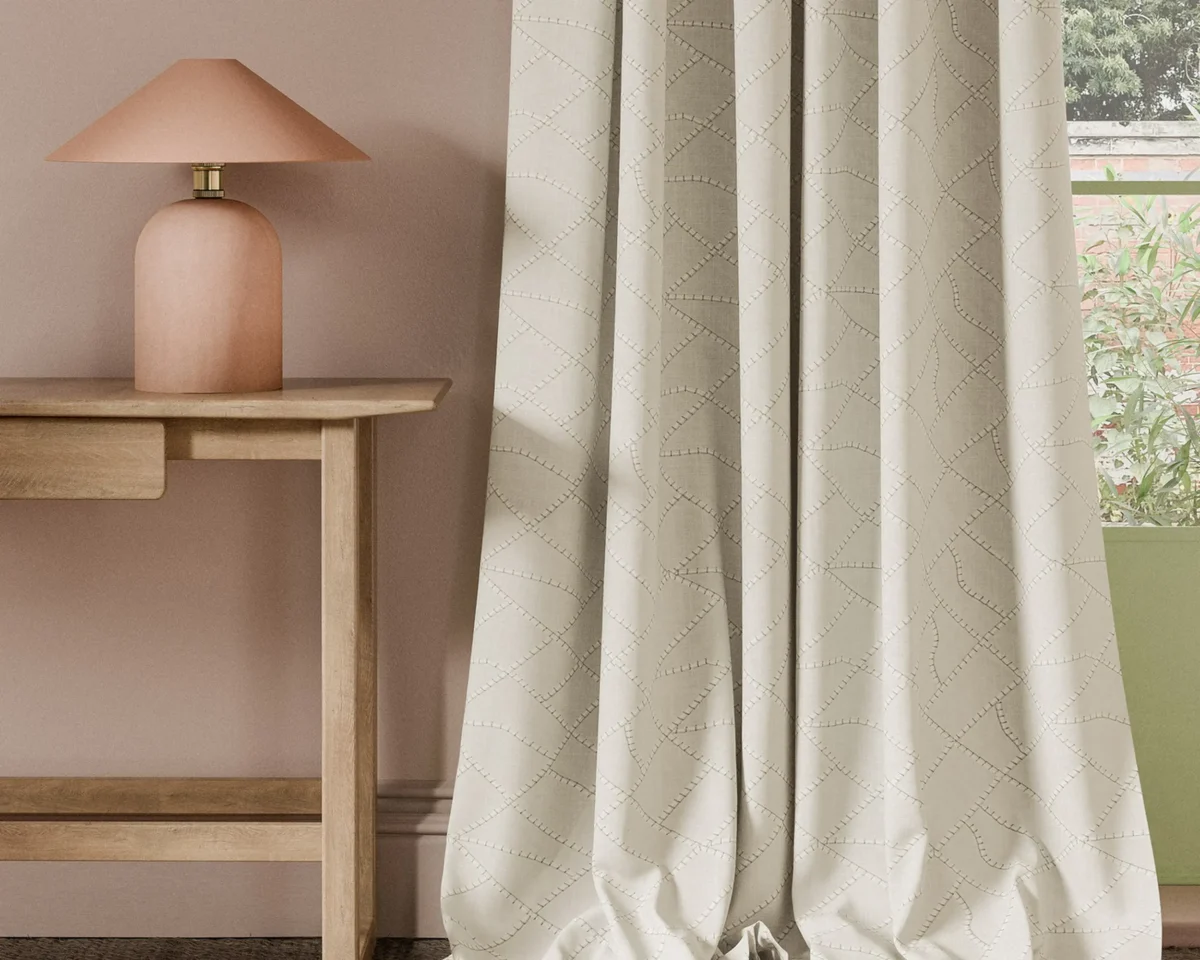 Scipio Fabric - Ivory by neutral contemporary curtain with side table and lamps