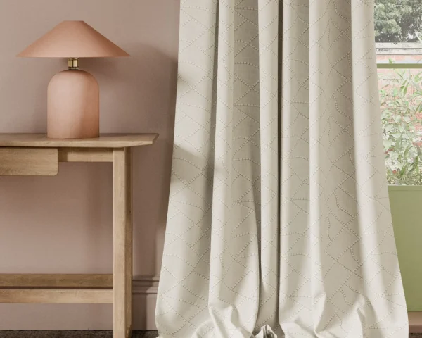 Scipio Fabric - Ivory by neutral contemporary curtain with side table and lamps