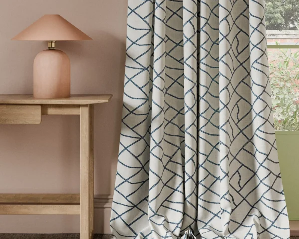 Scipio Fabric - Ink by blue contemporary curtain with side table and lamps