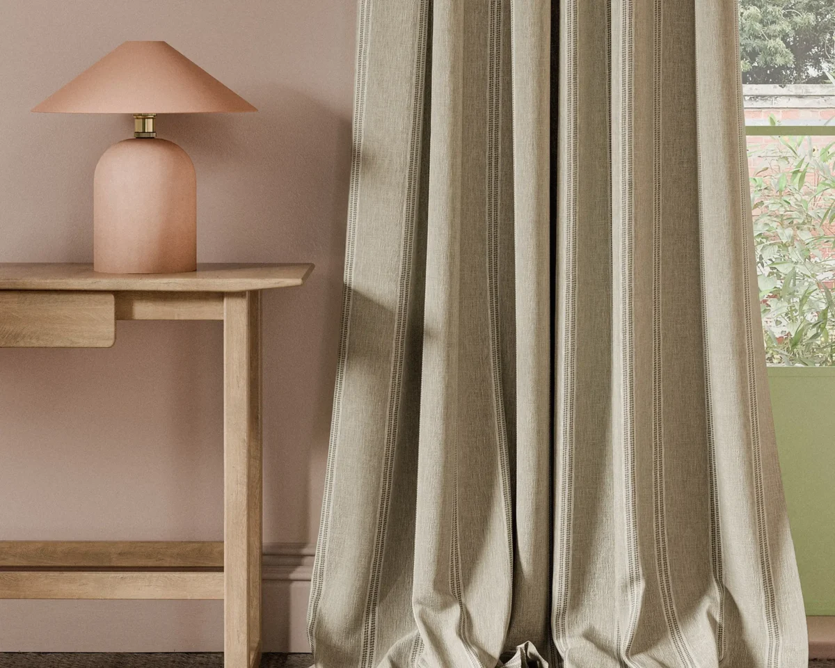 Ordo Fabric - Linen by neutral striped curtain with side table and lamps