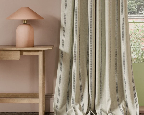 Ordo Fabric - Charcoal / Ivory by black-grey striped curtain with side table and lamps