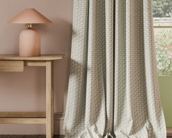 Necto Fabric - Truffle by neutral geometric curtain with side table and lamps