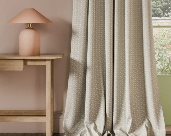 Necto Fabric - Linen by neutral geometric curtain with side table and lamps