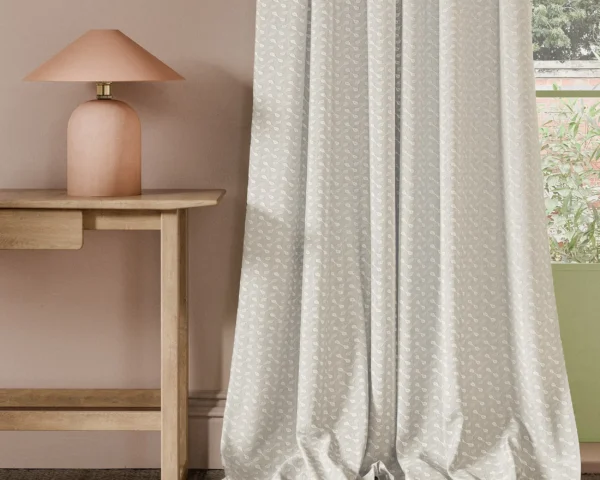 Necto Fabric - Ivory by neutral geometric curtain with side table and lamps