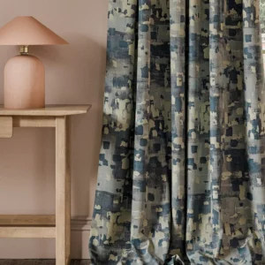 blue misc curtain with side table and lamps
