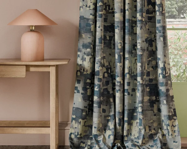 Lapis Fabric - Ink by blue misc curtain with side table and lamps