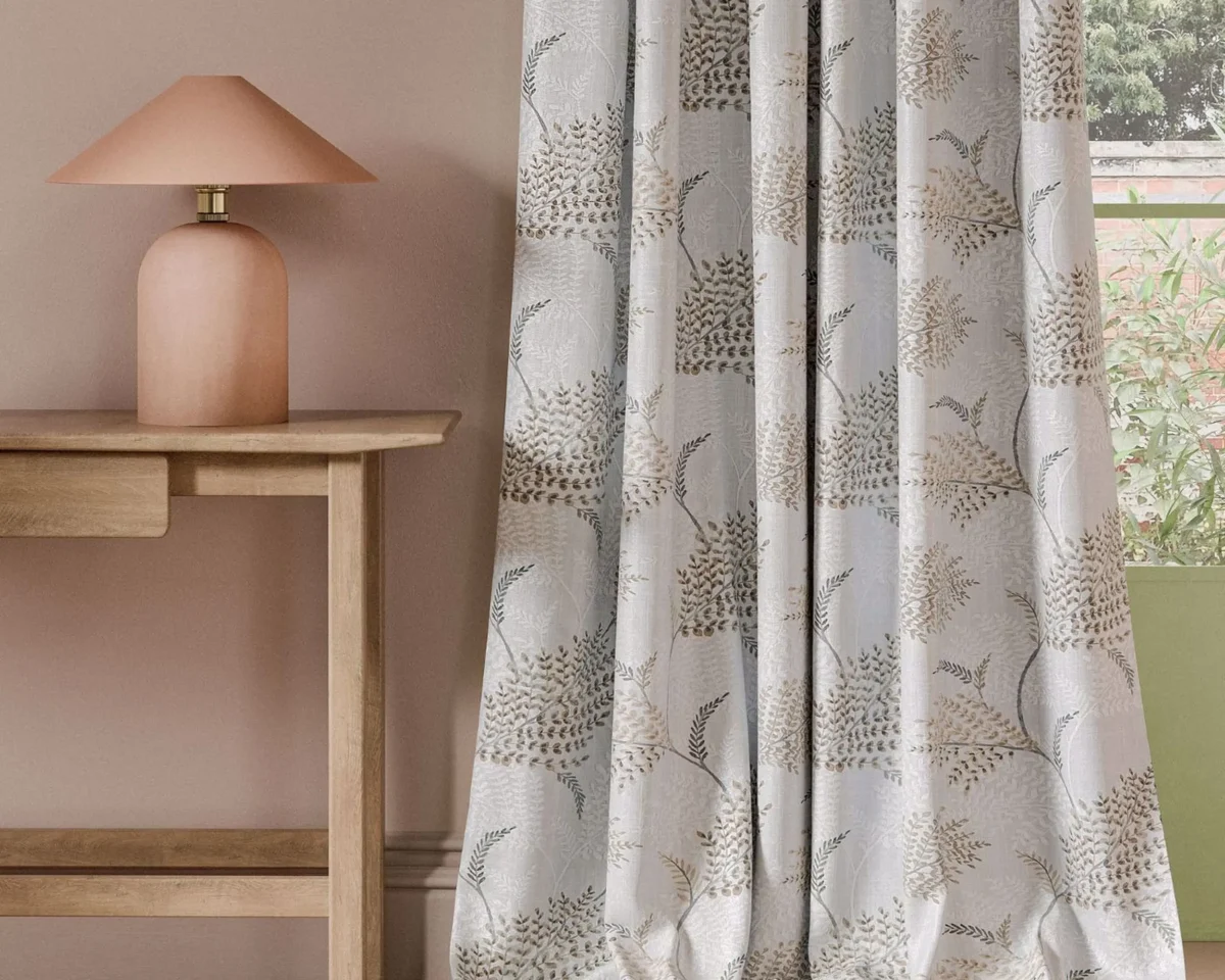 Irio Fabric - Linen by neutral botanical curtain with side table and lamps