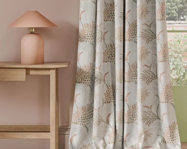 Cubus Fabric - Linen by neutral geometric curtain with side table and lamps