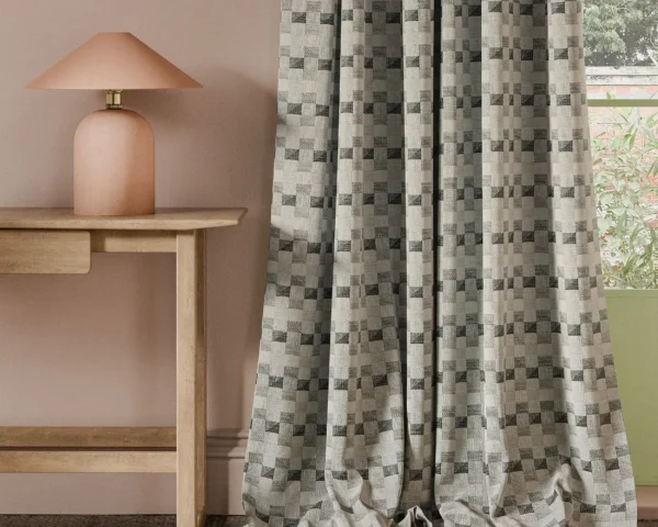 Cubus Fabric - Dove by black-grey geometric curtain with side table and lamps