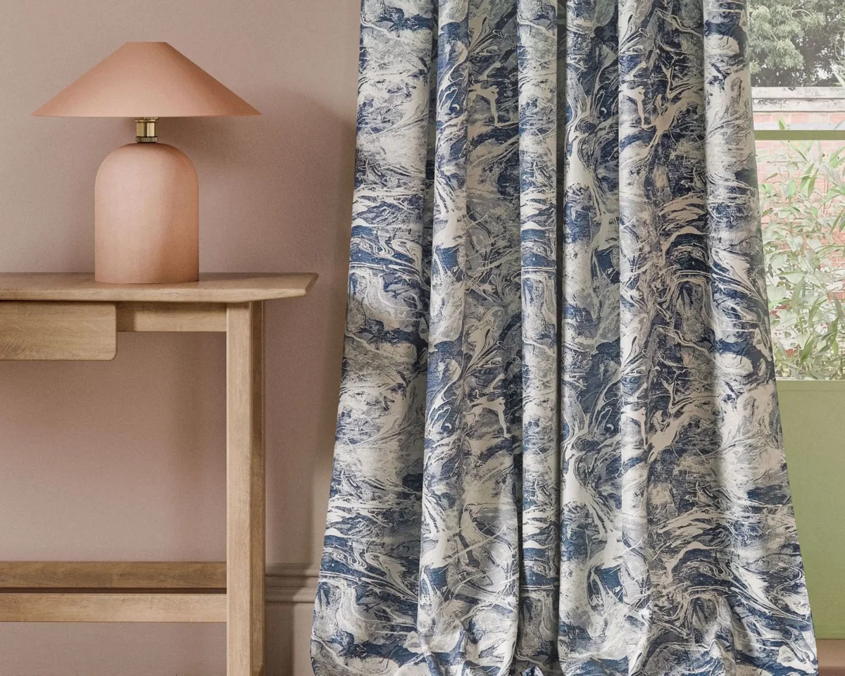 Calacatta Weave Fabric - Ink by blue misc curtain with side table and lamps