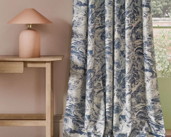 Calacatta Weave Fabric - Ink by blue misc curtain with side table and lamps