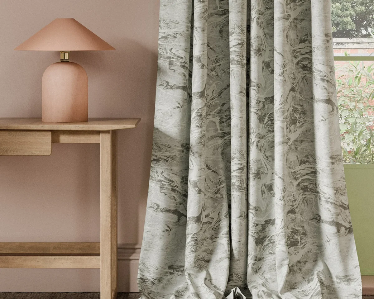 Calacatta Weave Fabric - Charcoal by black-grey misc curtain with side table and lamps