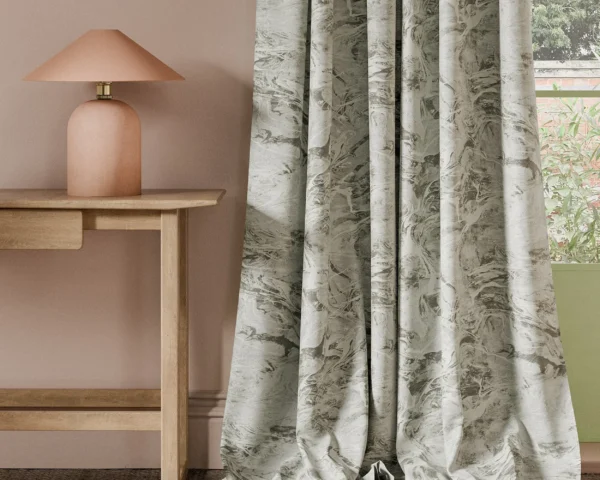 Calacatta Weave Fabric - Charcoal by black-grey misc curtain with side table and lamps