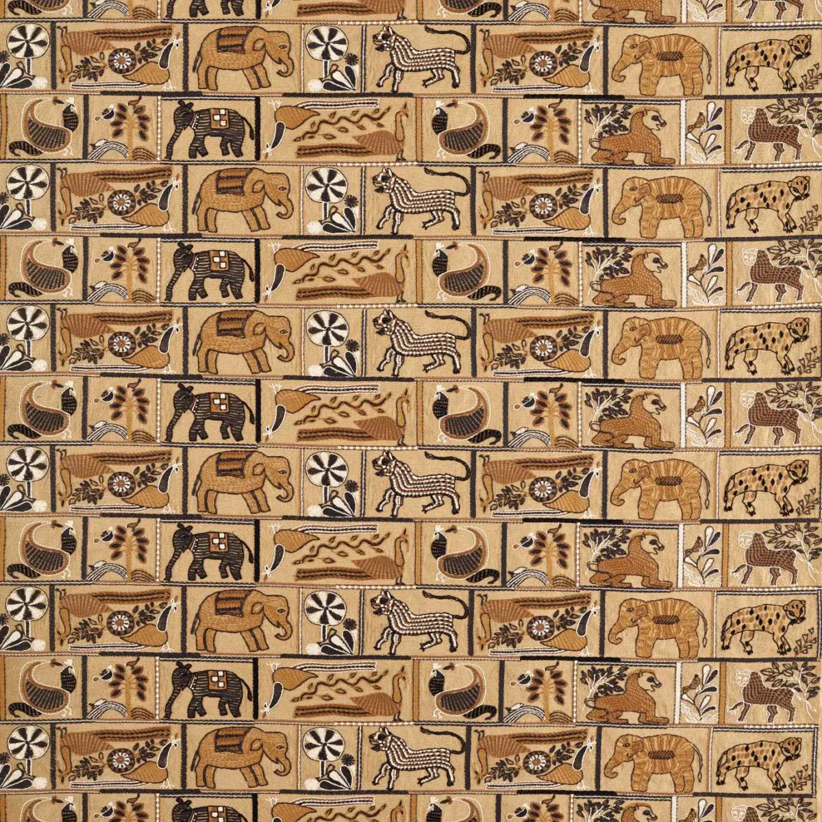 Kantha Fabric - Ochre / Charcoal by neutral animal embroideried fabric from Harlequin