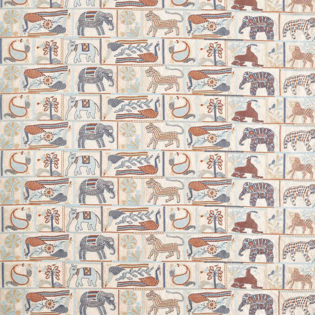 blue animal embroideried fabric from Harlequin