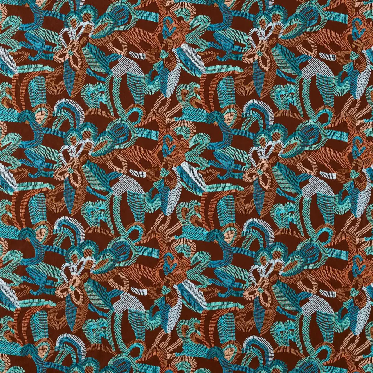 Ania Fabric - Burgandy / Spice / Turquoise by multicolour contemporary embroideried fabric from Harlequin