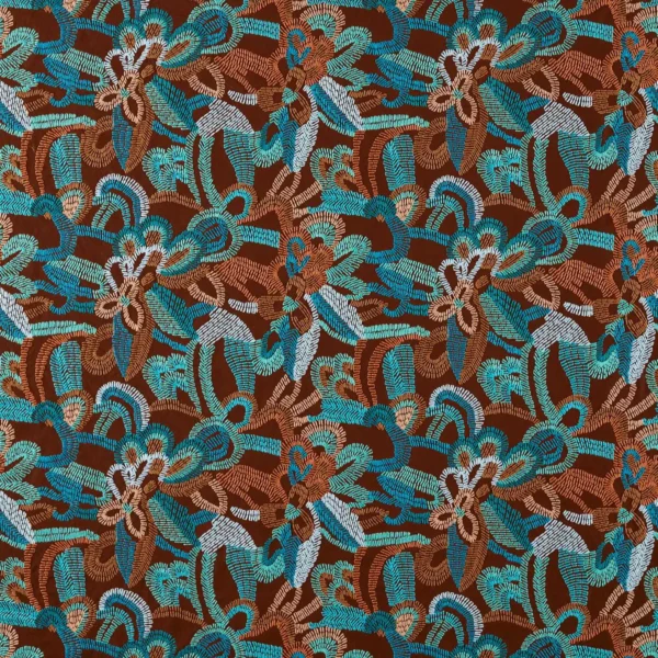 Ania Fabric - Burgandy / Spice / Turquoise by multicolour contemporary embroideried fabric from Harlequin
