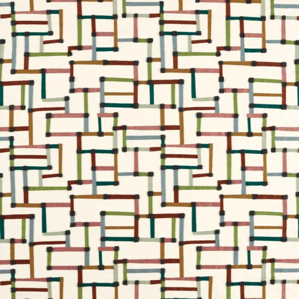 Lineas Fabric - Forest / Azul / Blush by multicolour geometric woven fabric from Harlequin